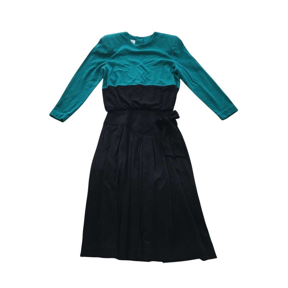 Black Teal Dress Vintage 70s Daniel Barrett Drop Waist Secretary Style Size 6